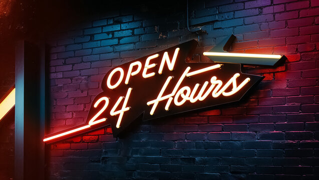 Neon sign with the inscription open 24 hours on a dark brick background