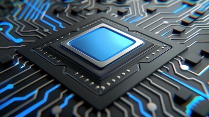 A futuristic circuit board design showcasing advanced server code processing against a sleek black backdrop in blue tones.