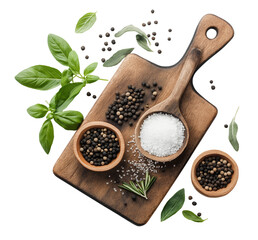 Fresh herbs and assorted black pepper varieties on a wooden cutting board with coarse salt