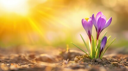 Fototapeta premium A stunning crocus flower blooms in the spring sun, showcasing vibrant colors against a soft, blurred background.