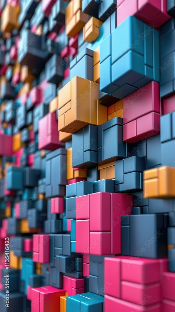 Poster a vibrant arrangement of 3d geometric blocks in various colors and sizes.