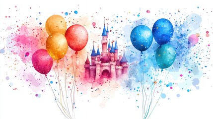 Fantasy Castle Surrounded by Colorful Balloons and Vibrant Watercolor Splashes for Celebratory Themes