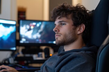 A young man deeply engaged in gaming, surrounded by multiple screens in a tech-savvy workspace, captures the essence of modern digital entertainment and dedication.