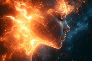Burning silhouette of a woman surrounded by flames and cosmic elements