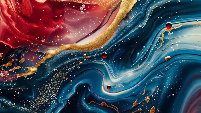 Mesmerizing waves of blue topaz, red ruby, and gold liquid create a luxurious wallpaper, Ai Generated.
