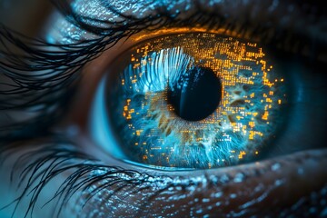 Close-up of a human eye reflecting intricate digital patterns
