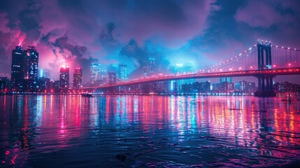 Fototapeta premium A vibrant cityscape at night with colorful reflections on water and illuminated buildings.