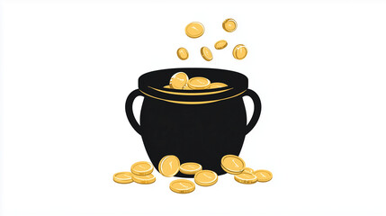 Minimalist pot of gold icon with coins spilling out, clean black and gold design on white background, simple and festive 