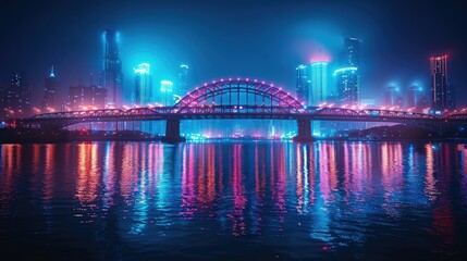 A vibrant cityscape at night, showcasing a colorful illuminated bridge and reflections on water.