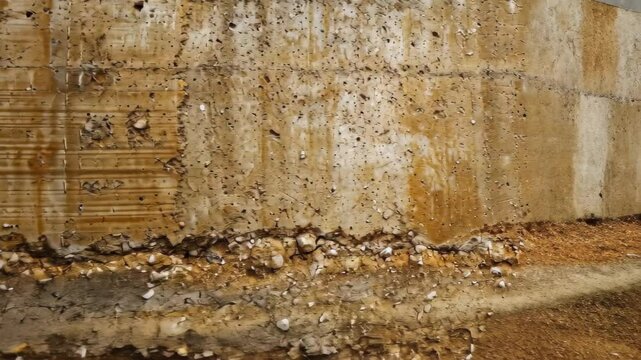 Rammed earth wall formed from compact layers of natural earth tones. Sturdy, Ai Generated.