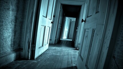 Obraz premium An enchanting infinite hallway filled with doors leading to surreal and fantastical worlds