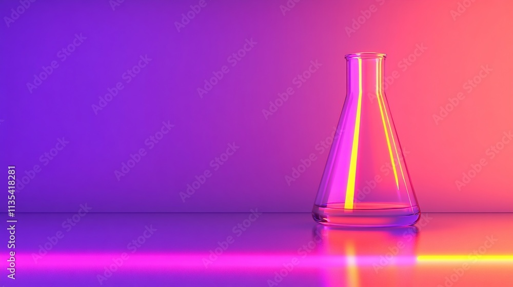 Poster empty erlenmeyer flask on reflective surface with vibrant neon lighting.