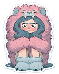 Girl in a bear costume. Sticker on white background