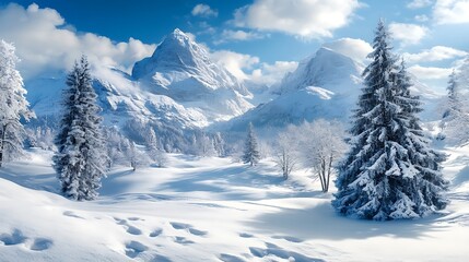 Winter wonderland landscape with snow covered mountains and trees. Concept of serene winter nature.