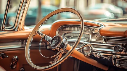 Fototapeta premium Vintage Car Interior, Classic Steering Wheel. Concept of Nostalgia, Retro, and Classic Cars.