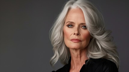Naklejka premium Graceful elderly woman showcases her stunning gray hair, emanating beauty and wisdom against a soft, neutral backdrop.