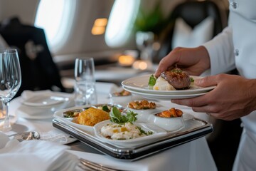 A beautifully presented gourmet meal served on a private jet, showcasing vibrant ingredients and luxury service that highlight the premium travel experience.