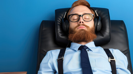 A weary businessman in eyeglasses is glued to his headset, navigating a bustling office scene filled with stress.