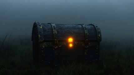 Obraz premium Glowing treasure chest in foggy field at night.