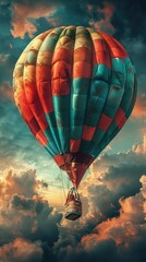 A vibrant hot air balloon soaring through a colorful sky at sunset.