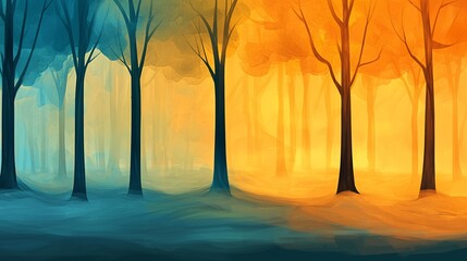 Dual-toned forest scene with teal and orange hues, misty atmosphere, and tall trees.