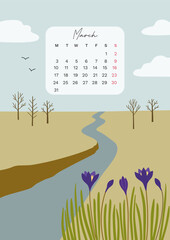 Calendar of march 2025 with hand drawn illistration inspired by nature and spring season. Week start from Monday. Poster with landscape of river and flowers crocuses