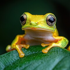 Close-up of vibrant green frog on leaf tropical rainforest wildlife photography natural habitat macro view nature's beauty