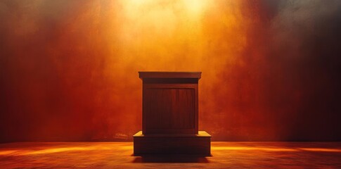 A wooden podium illuminated by warm light in a misty, atmospheric setting.