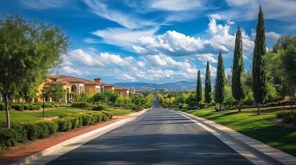 Fototapeta premium Scenic residential street with cypress trees. Concept of luxury, community, and tranquility.