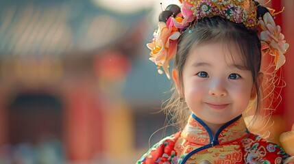 Fototapeta premium Portrait of a smiling young girl in traditional Chinese clothing and ornate headdress.