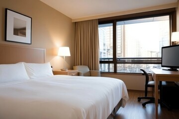 A stylish city hotel room featuring ample natural light and modern furnishings, providing guests with comfort and stunning views of the vibrant urban landscape outside.