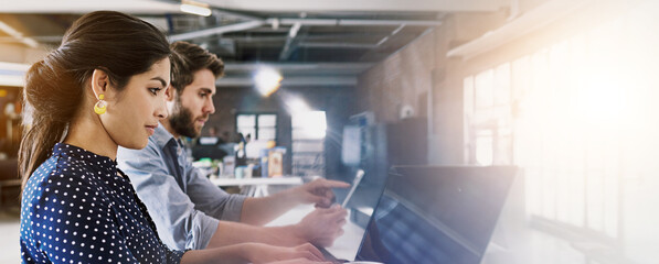 Banner, office and business people on laptop online for research, stock market and trading. Corporate, financial company and man and woman on computer for finance analysis, budget and investment