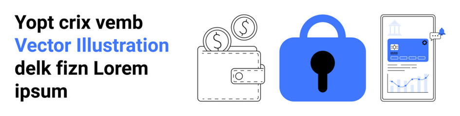 Wallet with coins, lock symbol, and smartphone screen showing financial data and analytics. Ideal for FinTech, online security, data protection, mobile banking, financial planning, cybersecurity