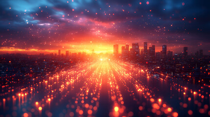 Fototapeta premium Glowing Cityscape Sunset With Energetic Light Trails
