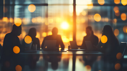 A business project team collaborates in a meeting room, with a softly blurred background enhancing the focus on their discussion.