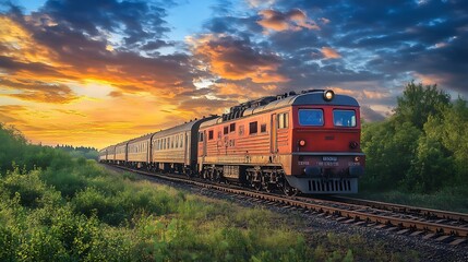 Fototapeta premium Train at Sunset. Scenic Railroad Journey. Travel Concept.