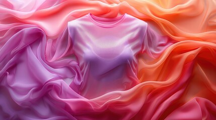 Obraz premium A vibrant t-shirt surrounded by flowing, colorful fabric in shades of pink and orange.