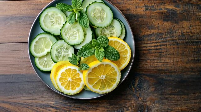 Fresh citrus and cucumber slices with mint on wooden table, ideal for water wellness and spa concepts