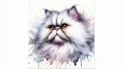 persian, cat, portrait, animal in watercolor painting, alcohol ink,