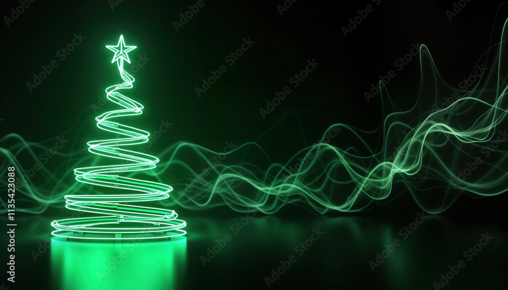 Poster neon green christmas tree with glowing outline. abstract minimalist design on dark background. swirl