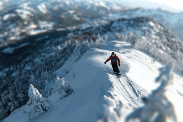 A snowboarder skillfully navigates a snowy peak, showcasing their agility and passion for winter sports amid a stunning mountainous backdrop.