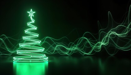 Neon green Christmas tree with glowing outline. Abstract minimalist design on dark background. Swirling light trail around tree creates festive futuristic digital art effect. Luminous design with