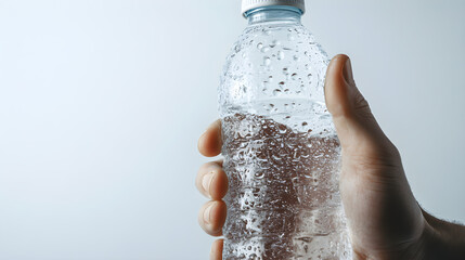 Close-up of a hand holding a water bottle with droplets