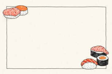 Illustration of sushi on a light background with space for text. Mock up menu for East Asian restaurant on minimalist background. 