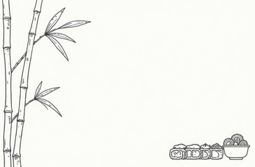 Sushi menu design with bamboo on white background with space for text. Mock up menu for East Asian restaurant on minimalist background. 