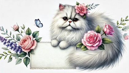 persian, cat, with flower decoration, animal in watercolor painting, alcohol ink,