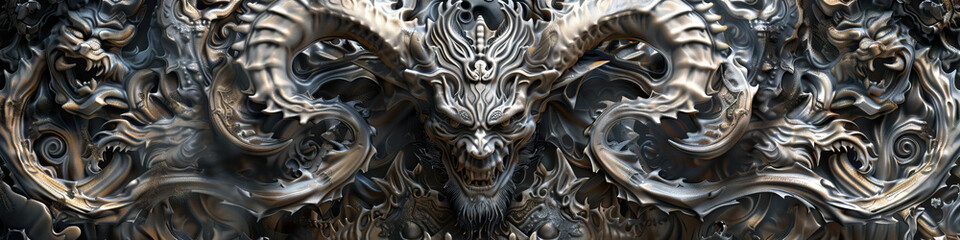 3D Render of Ornate Demonic Head with Dragon Motifs
