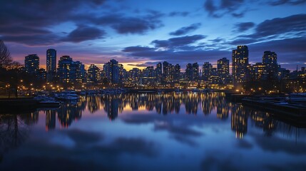 Fototapeta premium Vancouver City Skyline at Dawn, Reflection on Water. Urban Landscape, Travel Destination.