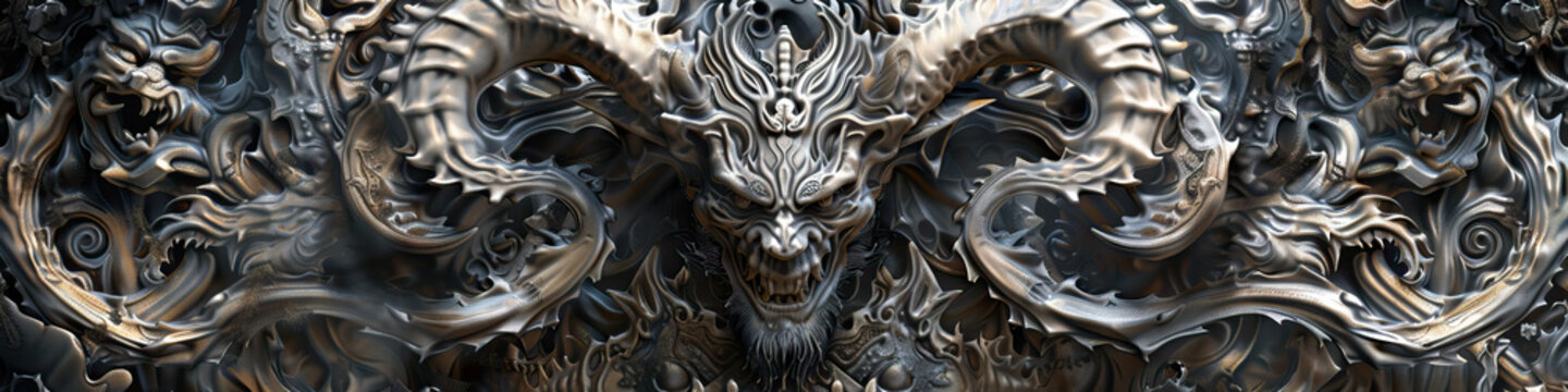 3D Render of Ornate Demonic Head with Dragon Motifs