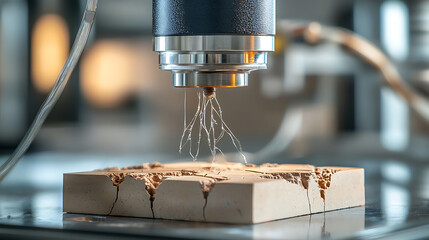 Close up of ceramic tile undergoing stress test with visible cracks
